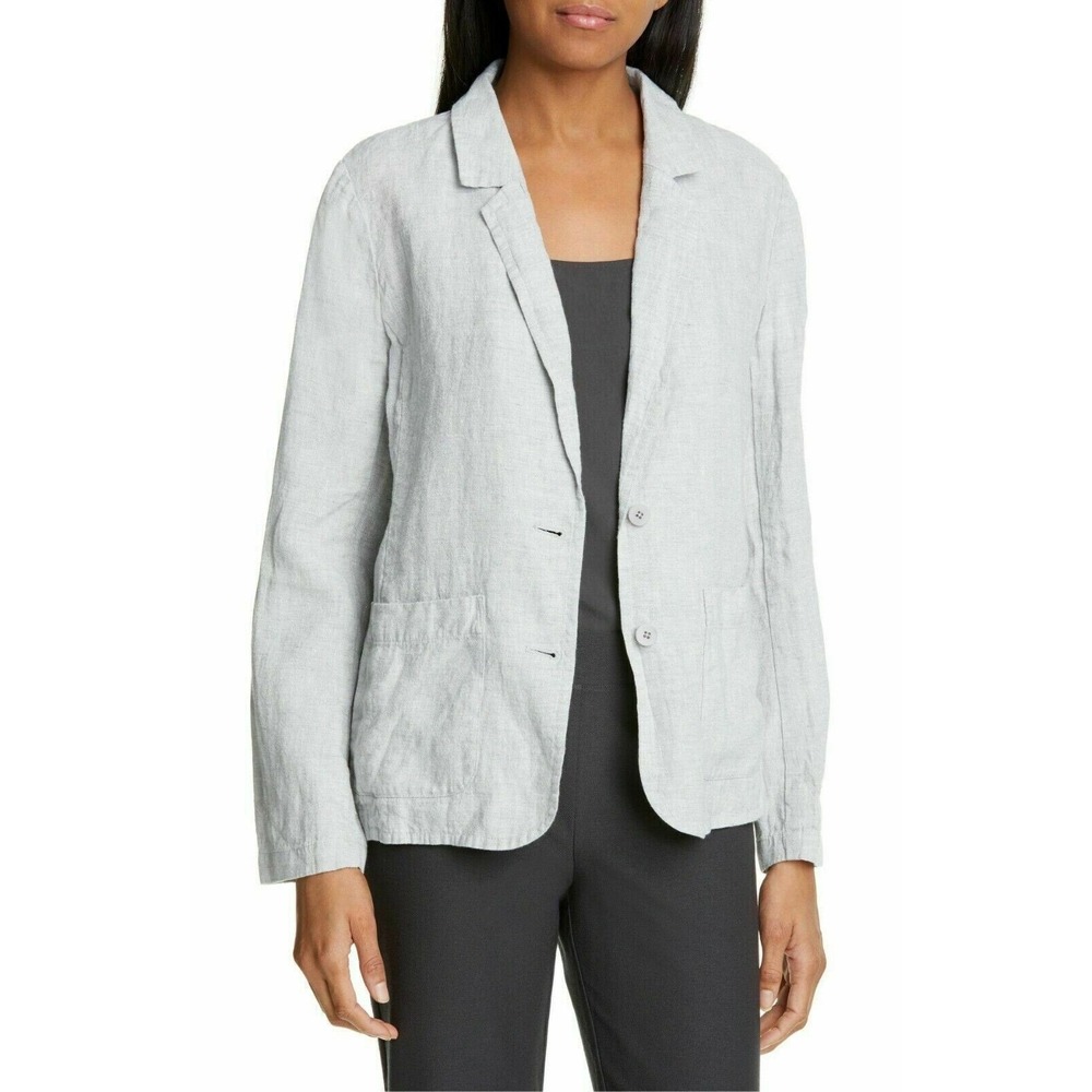 Eileen Fisher Metallic Organic Linen Blazer Women Medium Gray 2 Single Breasted